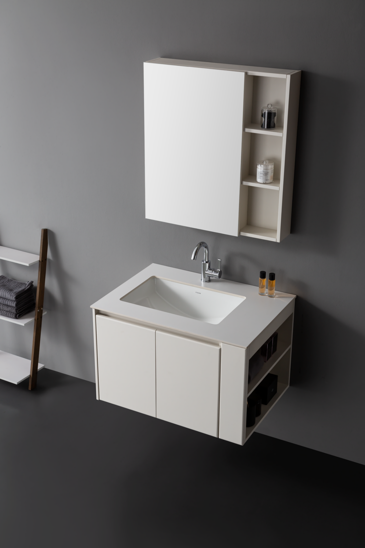 Medunjess  Elegant Cream White Bathroom Cabinet with Mirror and Under-Counter Ceramic Basin