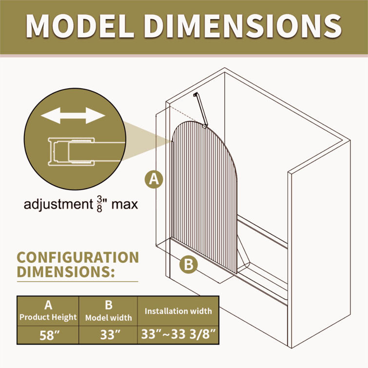 Medunjess DU58-BG 33" W x 58" H Hinged Frameless Tub Door