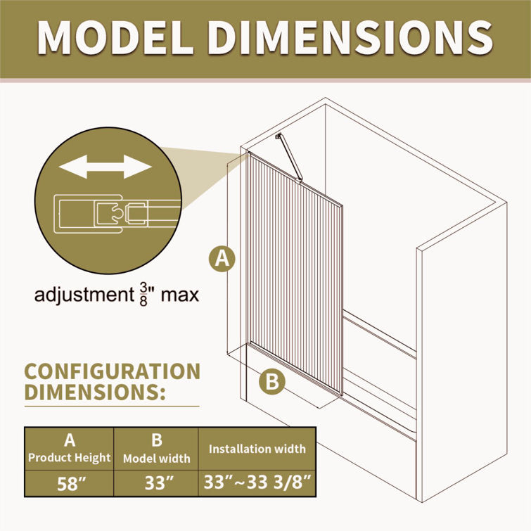 Medunjess DU05-BG 33" Wx 58" H Framed Shower Door Bathtub Screen Fluted Glass Shower Panel