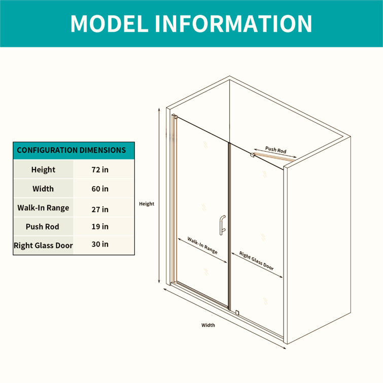 Medunjess DU72-06BN 72In.H Frameless Glass Shower Door With Clear Tempered