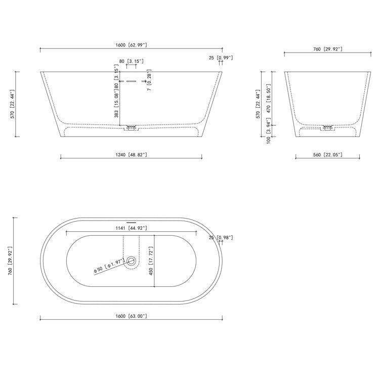 Medunjess 63'' Freestanding Tub Solid Surface Deep Freestanding Soaking Bathtub