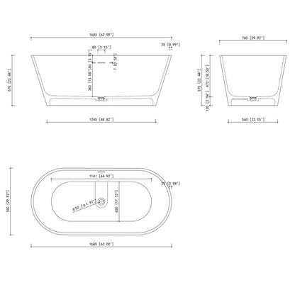 Medunjess 63'' Freestanding Tub Solid Surface Deep Freestanding Soaking Bathtub