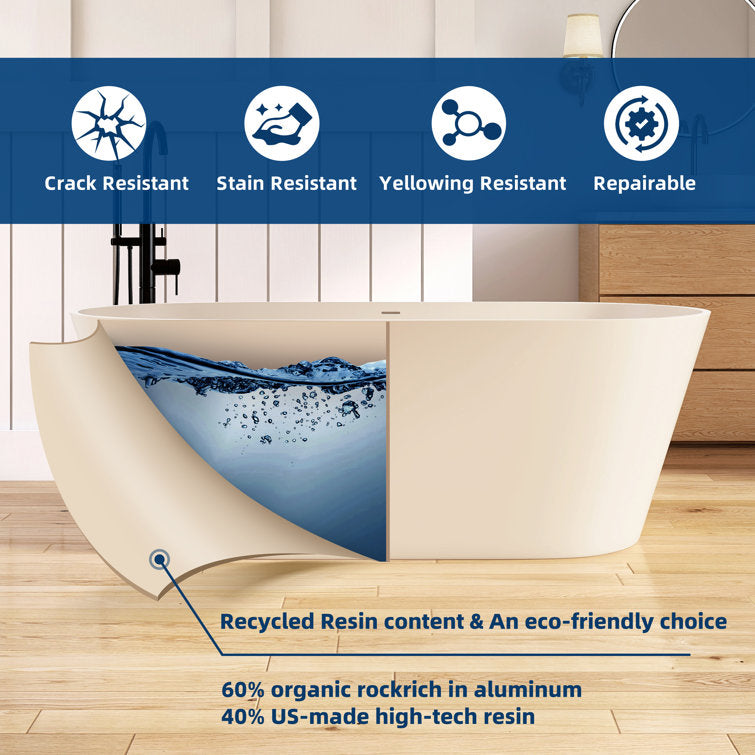 Medunjess 63'' Freestanding Tub Solid Surface Deep Freestanding Soaking Bathtub