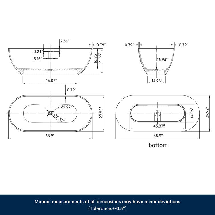 Medunjess 69'' X 30'' Freestanding Bathtub Solid Surface Stone Resin Soaking Bathtub Transparent