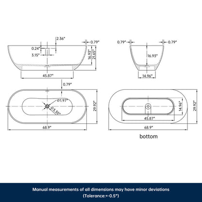 Medunjess 69'' X 30'' Freestanding Bathtub Solid Surface Stone Resin Soaking Bathtub Transparent