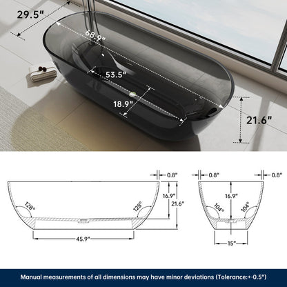 Medunjess 69'' X 30'' Freestanding Bathtub Solid Surface Stone Resin Soaking Bathtub Transparent