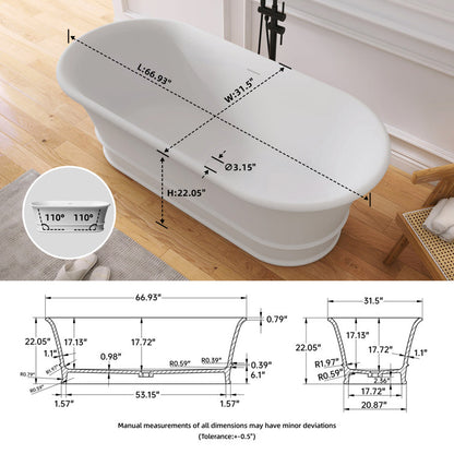 Medunjess 67" Freestanding Tub Solid Surface Modern Freestanding Soaking Bathtub European Tub