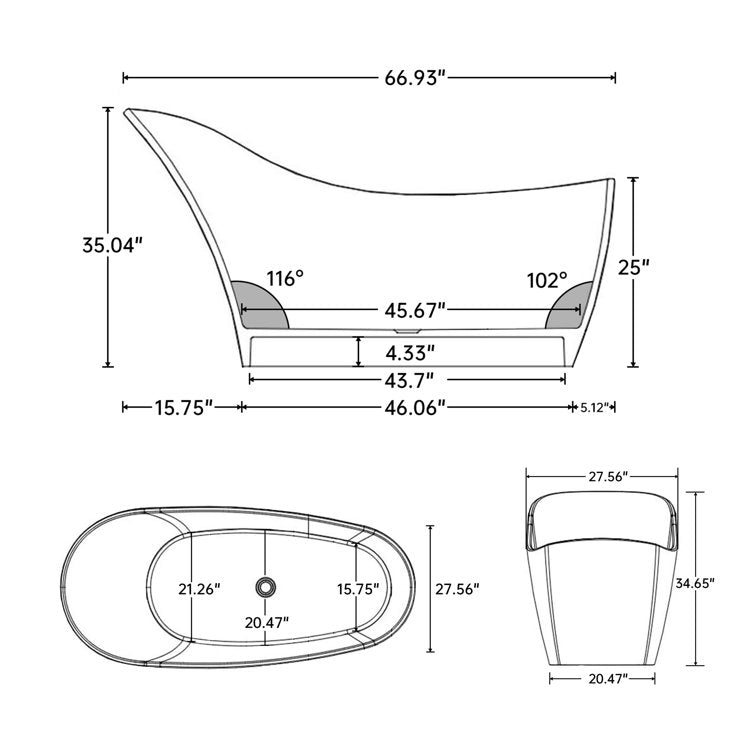 Medunjess 67" x 30" Solid Surface Freestanding Slipper Soaking Bathtub