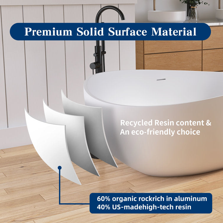 Medunjess 63" Wavy Freestanding Tub Solid Surface Freestadning Stone Resin Soaking Bathtub