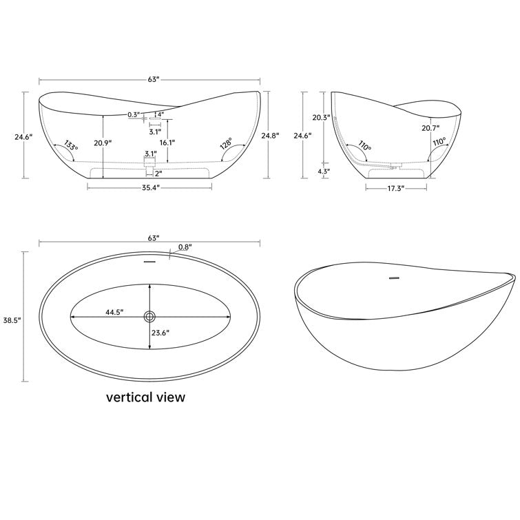 Medunjess 63" Wavy Freestanding Tub Solid Surface Freestadning Stone Resin Soaking Bathtub