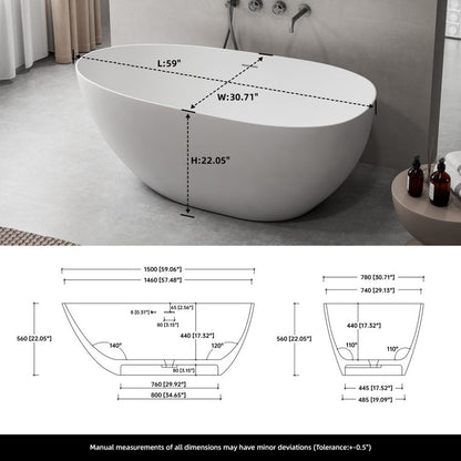 Medunjess 59'' Freestanding Tub Solid Surface Egg Shape Freestanding Soaking Tub