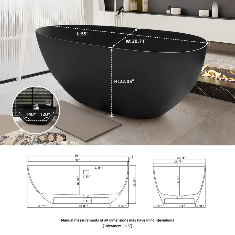 Medunjess 59'' Freestanding Tub Solid Surface Egg Shape Freestanding Soaking Tub