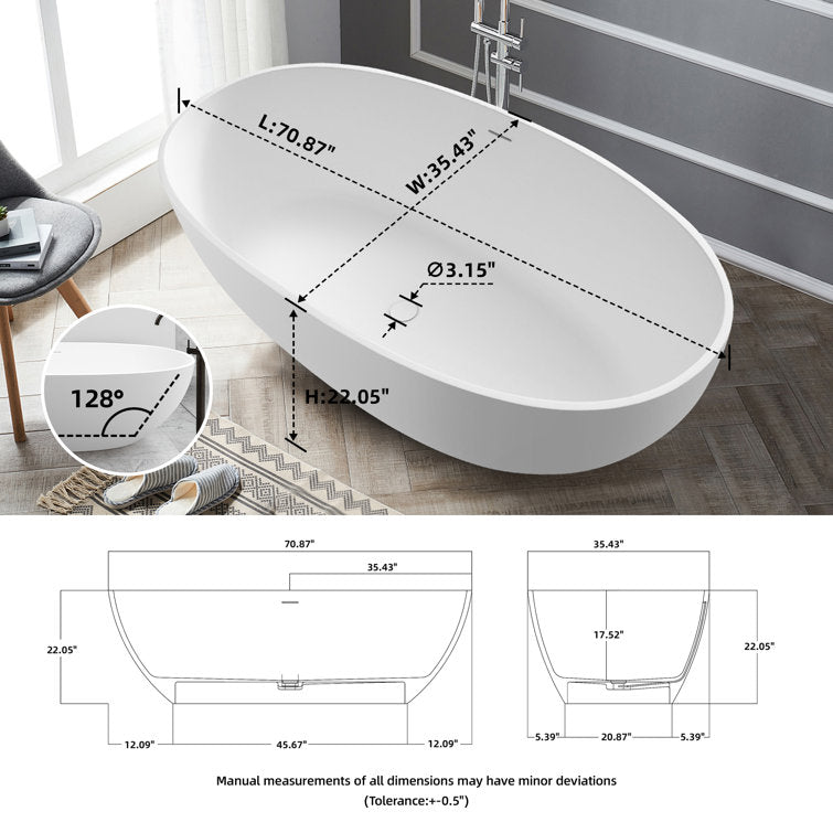 71" Freestanding Soaking Bahtutb Solid Surface Stone Resin Soaking Bathtub