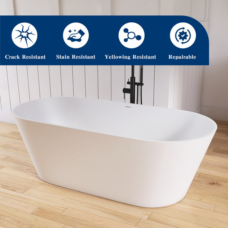 Medunjess 67'' Freestanding Soaking Bathtub Solid Surface Soaking Tubs in Matte White