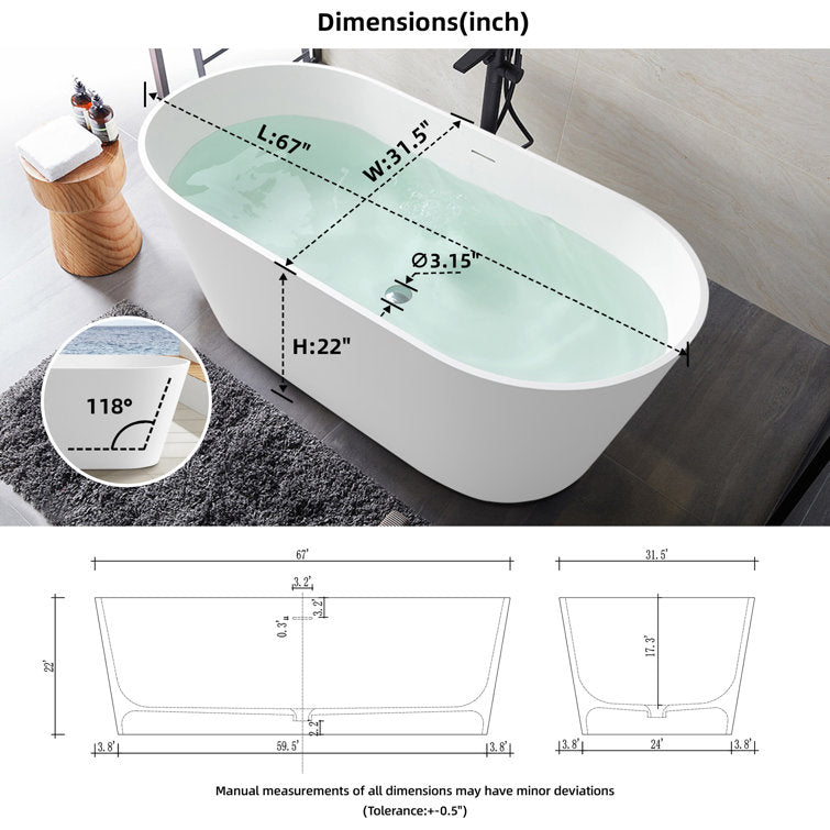 Medunjess 67'' Freestanding Soaking Bathtub Solid Surface Soaking Tubs in Matte White