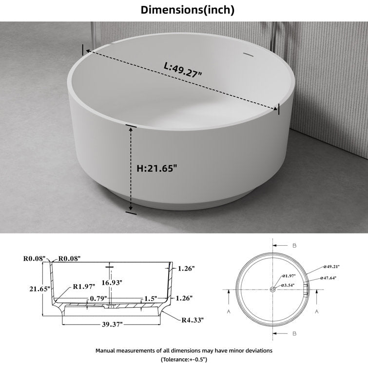 Medunjess 49" Eco-Friendly Round Resin Stone Bathtub（Pickup in Store）