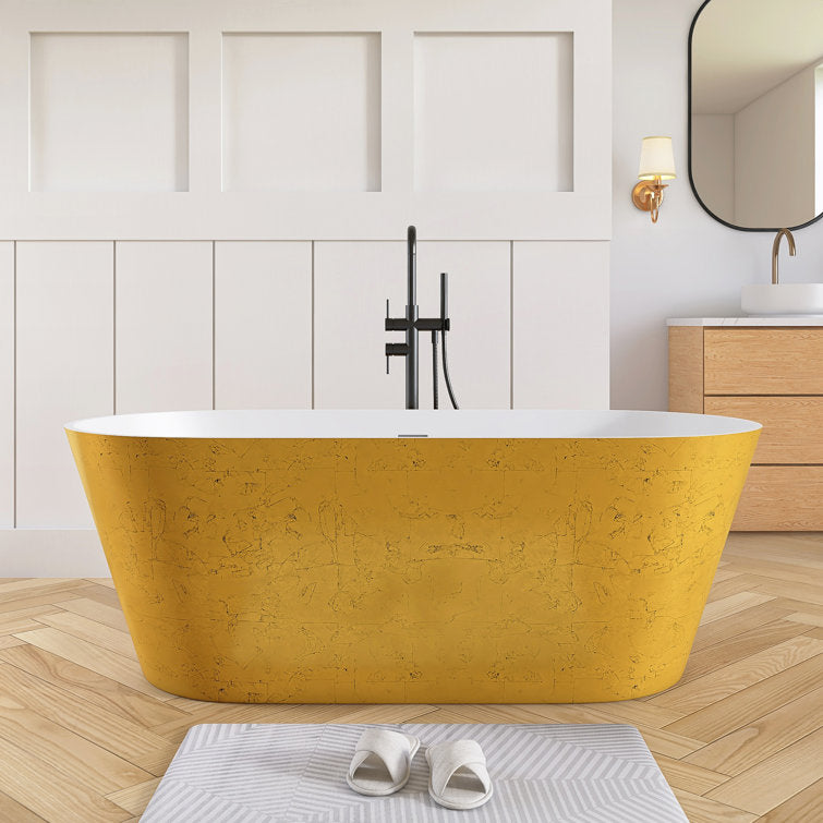 63'' Gold Leaf Freestanding Tub Solid Surface Freestanding Soaking Bathtub