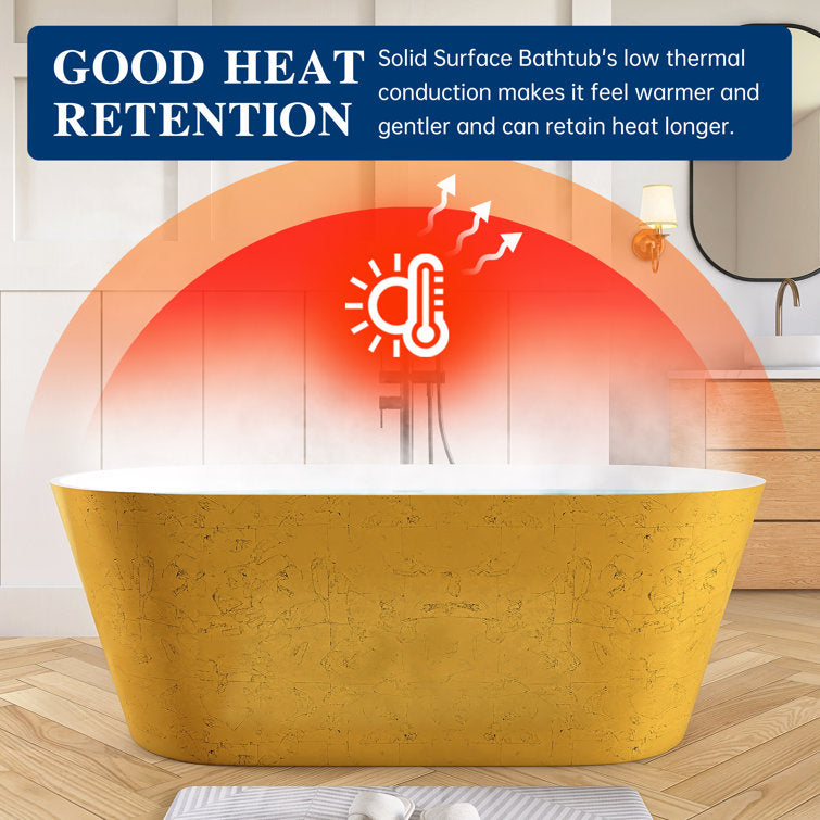 63'' Gold Leaf Freestanding Tub Solid Surface Freestanding Soaking Bathtub