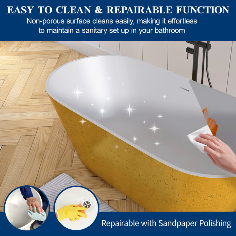 63'' Gold Leaf Freestanding Tub Solid Surface Freestanding Soaking Bathtub