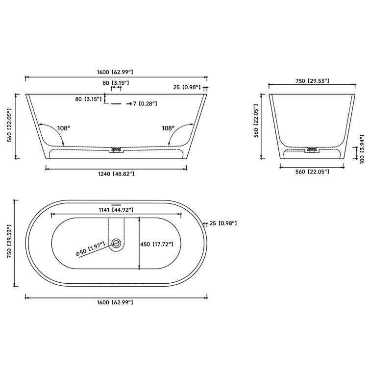 63'' Gold Leaf Freestanding Tub Solid Surface Freestanding Soaking Bathtub