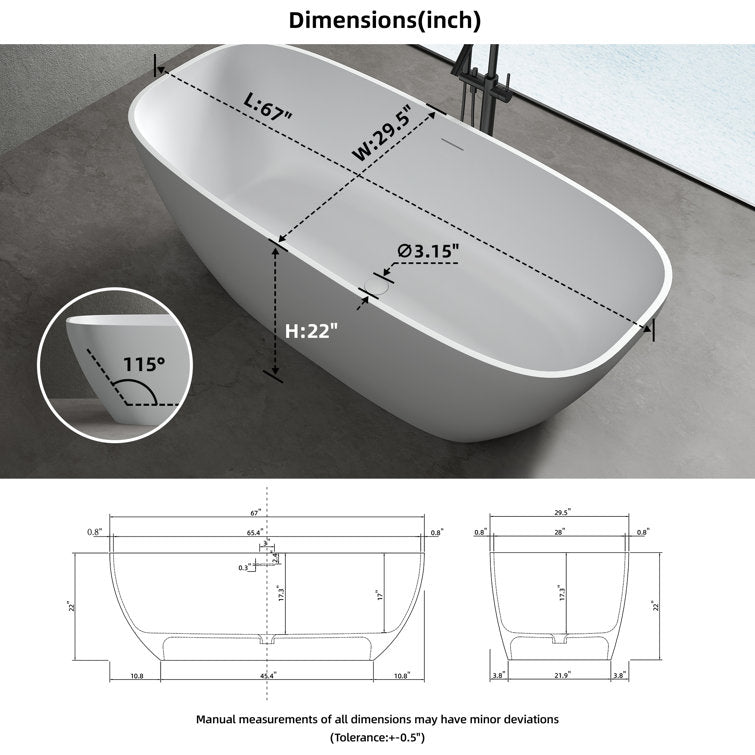 Medunjess Chelsea 67'' Freestanding Tub Solid Surface Freestanding Soaking Bathtub