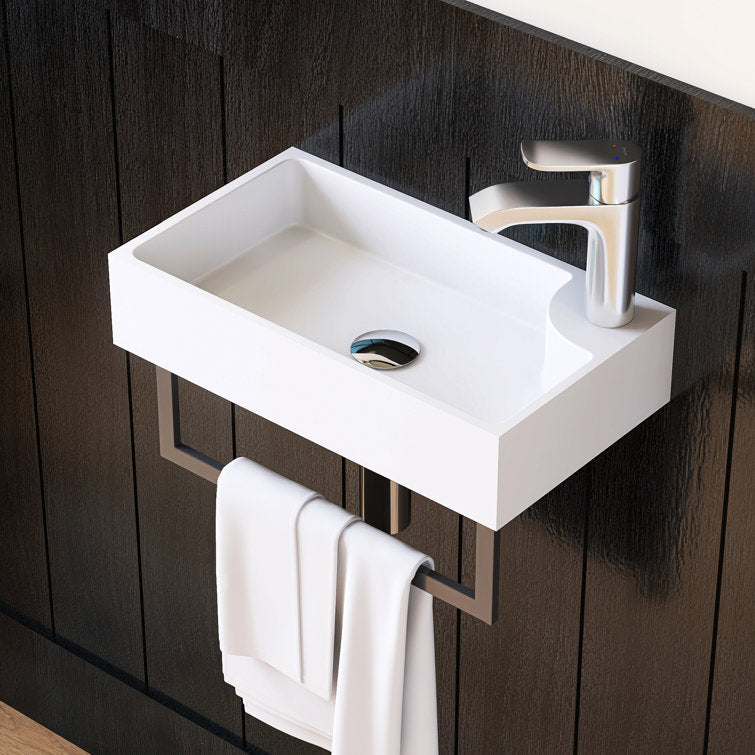 18'' Small Bathroom Sink Solid Surface Wall Mounted Bathroom Sink With Towel Rack