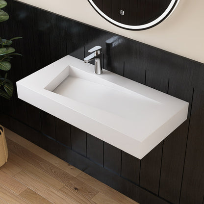 Medunjess 35'' Wall Mounted Bathroom Sink Solid Surface Sink With Faucet Hole