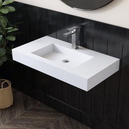 Medunjess 35'' Wall Mounted Bathroom Sink Solid Surface Sink with Faucet Hole