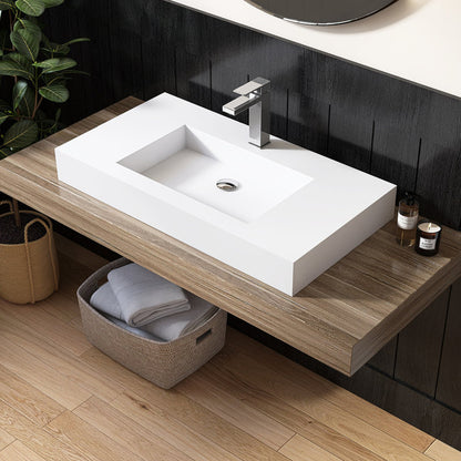 Medunjess 35'' Wall Mounted Bathroom Sink Solid Surface Sink with Faucet Hole