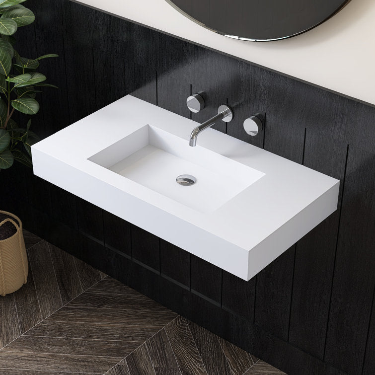 Medunjess 35'' Wall Mounted Bathroom Sink Solid Surface Rectangular Bathroom Sink