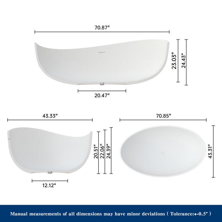 Medunjess 71'' Wavy Freestanding Tub Solid Surface Freestanding Soaking Bathtub