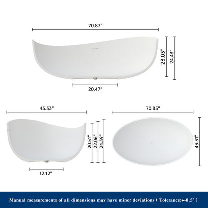 Medunjess 71'' Wavy Freestanding Tub Solid Surface Freestanding Soaking Bathtub