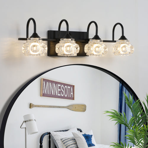 Medunjess Retro 4-Light Bathroom Vanity Light Fixture - Black Finish with Crystal Glass Shades