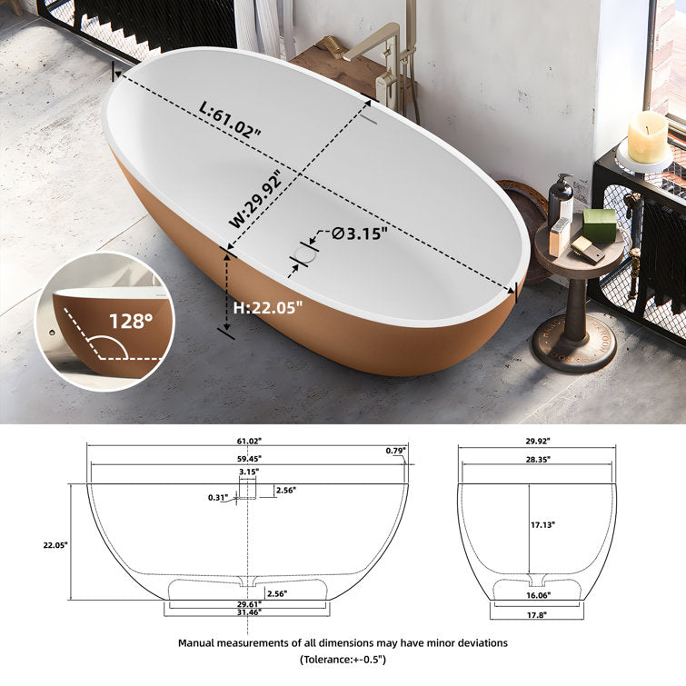 Medunjess 61'' Freestanding Bathtub Solid Surface Freestanding Soaking Tub