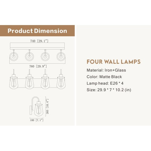 Medunjess Indoor Modern Bedroom Wall Lamp In Matte Black, Iron Clear Glass Shade,4-Lights E26 Bulb Bathroom Vanity Light