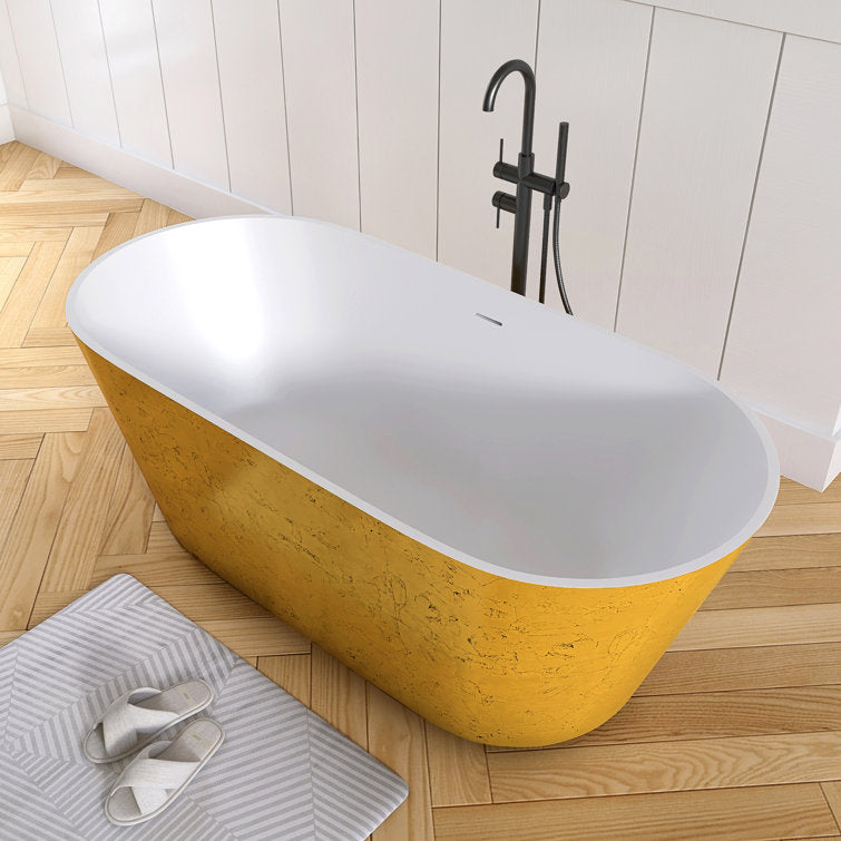 Medunjess 63'' Gold Leaf Freestanding Tub Solid Surface Freestanding Soaking Bathtub