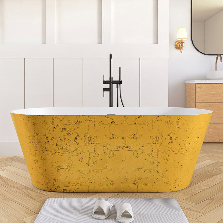 Medunjess 63'' Gold Leaf Freestanding Tub Solid Surface Freestanding Soaking Bathtub