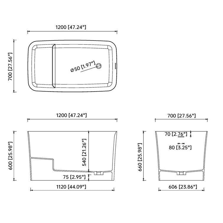 Medunjess 47'' Japanese Freestanding Tub With Seat Solid Surface Rectangular Soaking Bathtub