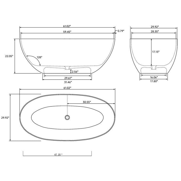 Medunjess 61'' Freestanding Tub Solid Surface Freestanding Soaking Bathtub