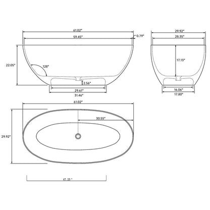 Medunjess 61'' Freestanding Tub Solid Surface Freestanding Soaking Bathtub