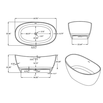 Medunjess 65'' Freestanding Bathtub Solid Surface Deep Soaking Tubs Double Slippers