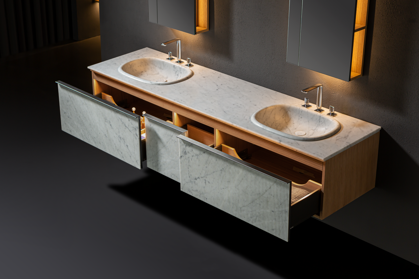 Medunjess 86'' Modern Double-Sink Vanity with Mirrored Cabinet