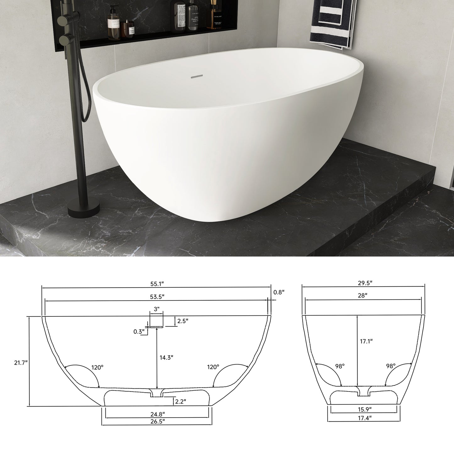 Medunjess 55'' Luxury Resin Stone Soaking Tub | Oval